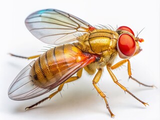Macro photograph of a solitary fruit fly, Drosophila melanogaster, perched on a pristine white surface, showcasing intricate details of its body and wings.
