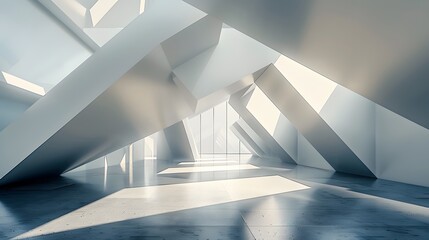 Obraz premium Futuristic Geometric Interior with Angled White Structures and Bright Sunlight Highlighting Modern Architectural Design