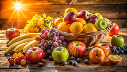 Vibrant colors of seasonal fruits, including apples, bananas, grapes, and oranges, arranged artfully on a rustic wooden table, basking in warm sunlight filtering through.