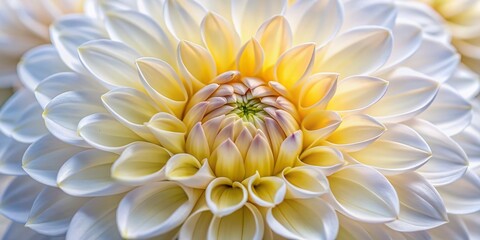 Close-up of delicate white dahlia flower blooming in macro shot, showcasing intricate petals and yellow center, with plenty of copy space around the flower.