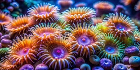 Vibrant coral polyps and delicate sea anemones sway in the ocean current, captured in stunning high-definition detail with precise focus stacking and razor-sharp clarity.