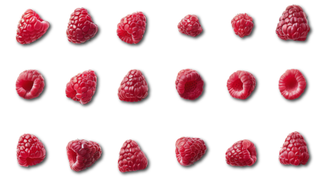 Set of raspberries isloated on white. Raspberry from different angles.