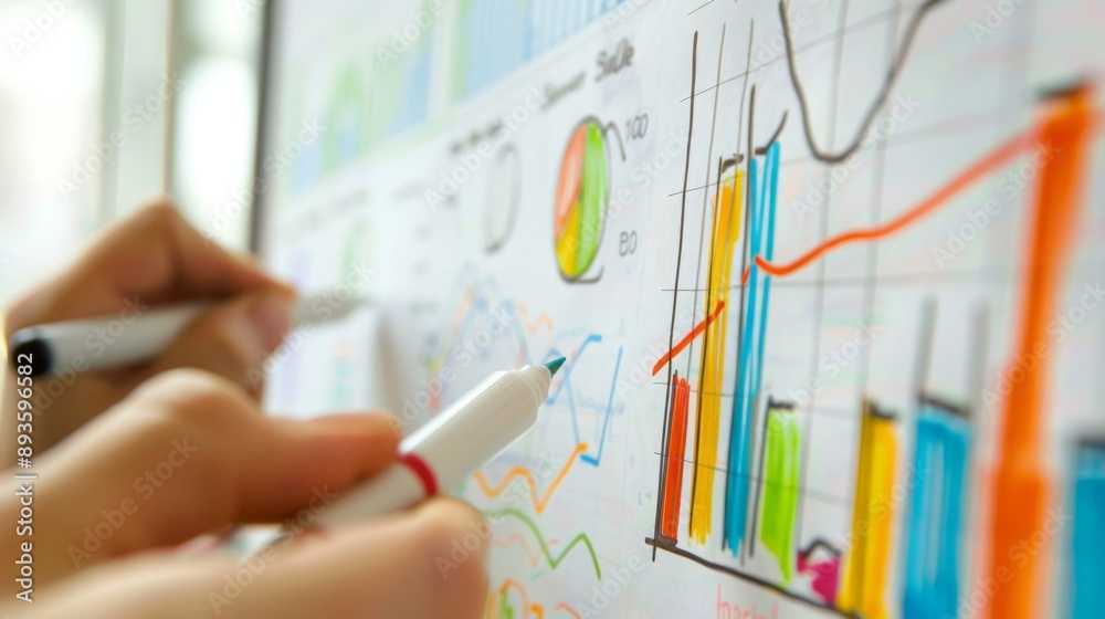 Poster a hand drawing a bar graph on a whiteboard during a business presentation, with markers and erasers 