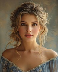 Woman in Blue Dress, bathed in golden sunlight