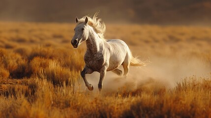 Fototapeta premium A White Horse Runs Through Golden Grass at Sunset. Generative AI