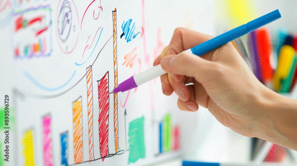 Poster a hand drawing a bar graph on a whiteboard during a business presentation, with markers and erasers 