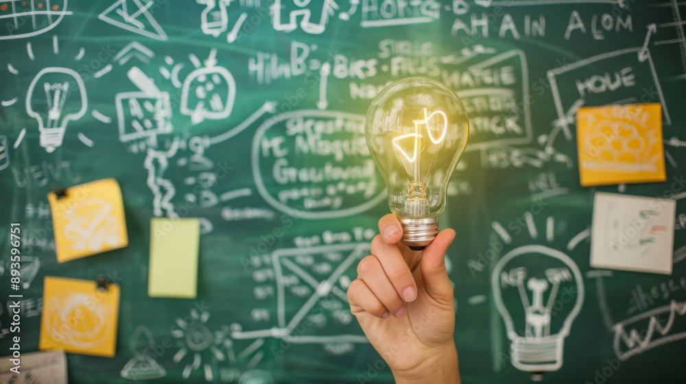 Poster a hand holding a light bulb in front of a chalkboard with sketches and ideas, symbolizing brainstorm