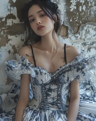 photoshoot of the Japanese model is wearing gothic, in the style of japanese photography, full body, rope, uniformly staged images, white and blue porcelain, skin texture, flamboyant, mechanical