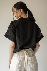 Fashion photo of an oversized black t shirt, worn in the style of an woman with dark hair and beige linen pants from the back view, white background, minimalistic style, focus on shirt, studio light,