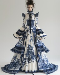 photoshoot of the Japanese model is wearing gothic, in the style of japanese photography, full body, rope, uniformly staged images, white and blue porcelain, skin texture, flamboyant, mechanical