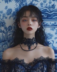 photoshoot of the Japanese model is wearing gothic, in the style of japanese photography, full body, rope, uniformly staged images, white and blue porcelain, skin texture, flamboyant, mechanical