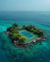 A tennis court on an island in the middle of the ocean, drone shot, blue water, amazing architecture, luxury, minimalism, photo realistic in the style of various artists.
