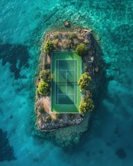 A tennis court on an island in the middle of the ocean, drone shot, blue water, amazing architecture, luxury, minimalism, photo realistic in the style of various artists.