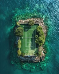 A tennis court on an island in the middle of the ocean, drone shot, blue water, amazing architecture, luxury, minimalism, photo realistic in the style of various artists.