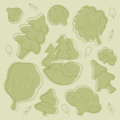 Set with trees and fir trees. Doodle clip art in pastel colors.