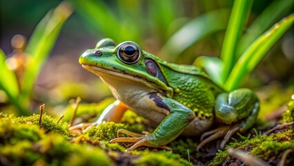 Vibrant green frog sits calmly on moist earth, its tiny feet splayed, eyes closed, surrounded by lush greenery and delicate blades of grass in natural habitat.