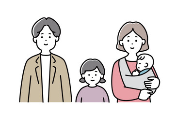家族イラスト　表情　4人家族　子供　日本人　若い	赤ちゃん　おしゃれ　シンプル　かわいい