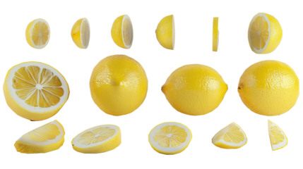 Set of lemons isolated on white. Whole lemon, slices and cut in half.