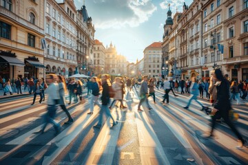 Fototapeta premium A wide angle photo of people crossing the street in Prague on a bright sunny day showcasing busy pedestrian traffic on Prague's streets, focusing on individual figures and their movement Generative AI