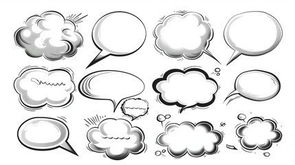 Fototapeta premium Vector speech bubble illustrations. Set of outlined chat bubbles with cartoon text frames, isolated on white. PNG.
