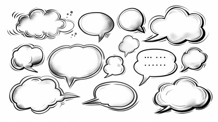 Fototapeta premium Collection of outlined speech bubbles. Vector chat bubbles with cartoon text frames, white background, in PNG format.