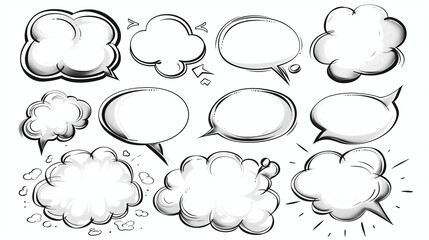 Vector set of outlined speech bubbles. Cartoon-style chat frames, ideal for various designs. Isolated on white, PNG format.