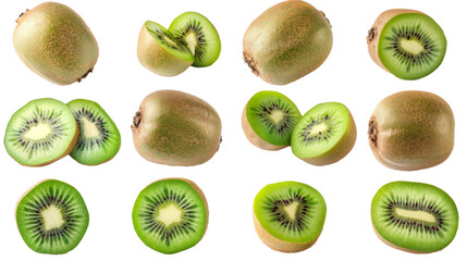 Set of kiwi isolated on white. Whole kiwi, slices and cut in half.