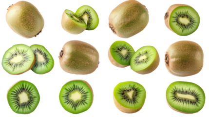 Set of kiwi isolated on white. Whole kiwi, slices and cut in half.