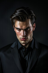 Obraz premium handsome young man , modern mafia , wearing an expensive black suit and looking at the camera with piercing gaze ,muscular body . The background is a dark . fictional character