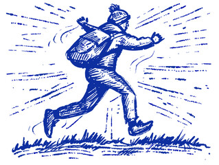 Fototapeta premium Man running with a guitar, vintage line drawing or engraving illustration.