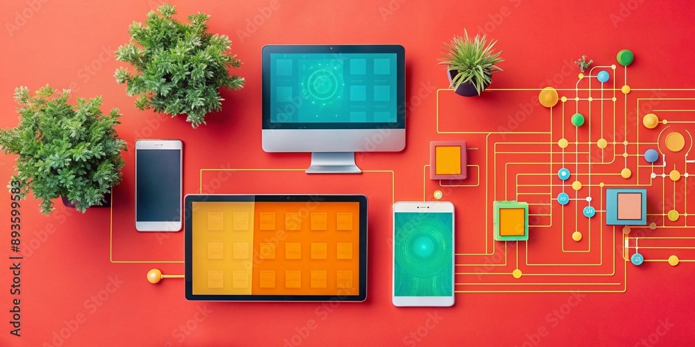 Fototapete connected devices network. modern devices like tablets, smartphones, and computers connected in a ne
