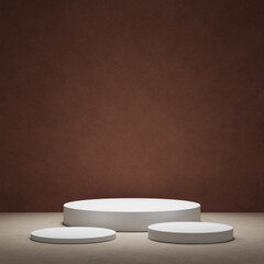 Minimal brown podium for product showcase. Cylinder shapes pedestal. Dark background display.