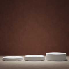 Minimal brown podium for product showcase. Cylinder shapes pedestal. Dark background display.