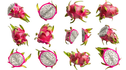 Set of dragon fruit isolated on white, no background. Whole pitaya and cut in half.
