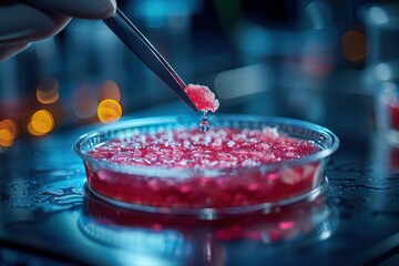A lab technician uses tweezers to handle a sample of cultivated meat in a petri dish, highlighting advancements in laboratory grown food technology and innovation.