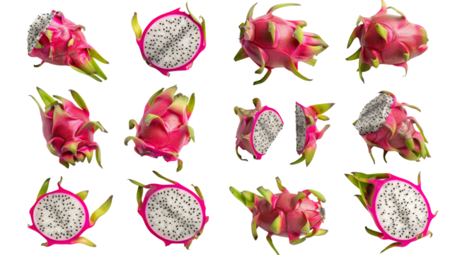 Set of dragon fruit isolated on white, no background. Whole pitaya and cut in half.