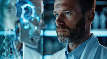 A scientist in a lab coat looks intently at a translucent model of a human head