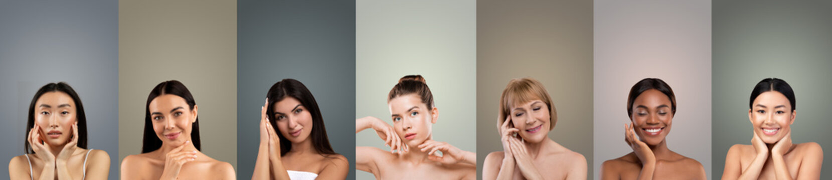 The image features eight diverse women posing for a portrait session against colored backgrounds. Each woman is bare-chested with their hair down and is touching their face with both hands