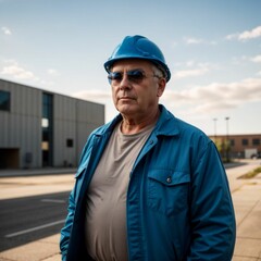 A middle-aged man wearing a blue hard hat and a blue jacket. He is standing on a concrete surface with a building in the background.