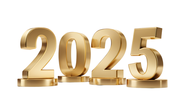  Shiny, metallic gold 3D numbers spelling out "2025" on individual pedestals. Perfect for New Year's celebrations, futuristic designs, or marking upcoming events and milestones. Transparent PNG for se