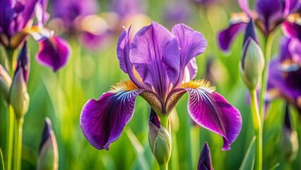 Delicate, velvety purple iris petals unfolding from a slender stem, surrounded by lush green foliage, against a soft, serene, creamy white background.