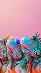 Fototapeta premium Stylish Lizard Squad: Quirky Reptiles with Sunglasses on Vibrant Background. Abstract Animal Concept for Edgy Advertising and Modern Design Projects. AI-Generated High-Resolution Digital Artwork with 
