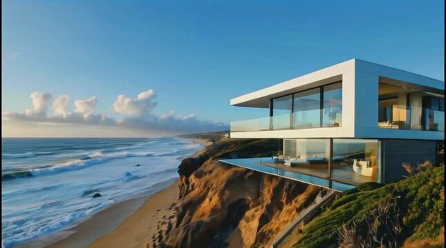 Cinematic High Angle Panning Shot of Modern Beachside House
