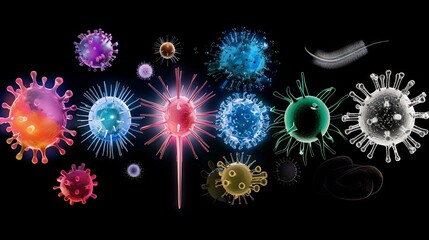 Obraz premium Set of different germs, bacteria viruses in neon color on dark isolated background. The concept of epidemiological studies