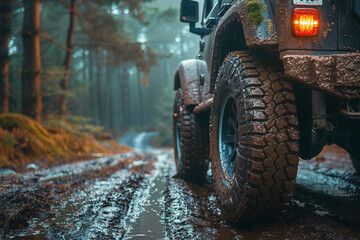 AI generated picture of dirty car in forest on muddy road
