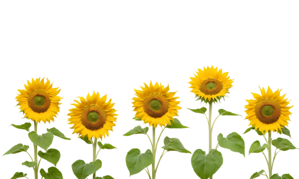 A row of six vibrant yellow sunflowers with green leaves against a white background. Perfect for summer-themed designs, nature-inspired projects, or adding a touch of sunshine to any creation. Transpa