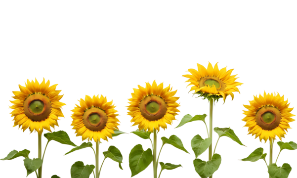 A row of six vibrant yellow sunflowers with green leaves against a white background. Perfect for summer-themed designs, nature-inspired projects, or adding a touch of sunshine to any creation. Transpa