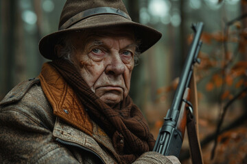 Fototapeta premium Hunter male female shooting from rifle gun in woods safari hunting season, Generative AI