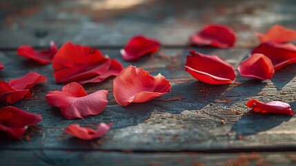 Red Rose Petals Scattered on Weathered Wooden Surface in Warm Sunlight, Romantic and Rustic Atmosphere, Nature, Valentine's Day, Weddings, Background for Love Stories