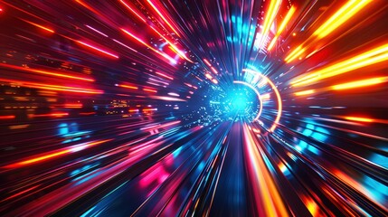 Hyperspace Tunnel: A mesmerizing abstract tunnel of light streaks and vibrant colors, creating a dynamic and futuristic atmosphere. The tunnel is composed of vivid red, orange, blue and pink light, ad